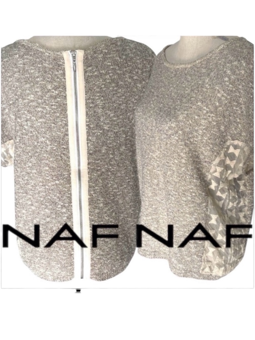 NAF NAF Taupe/Cream/Gold Marled Zip-Back Sheer Side Panel Cap Sleeve Sweater (L)